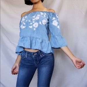 Faux Denim Embroidered Off The Shoulder Crop Top